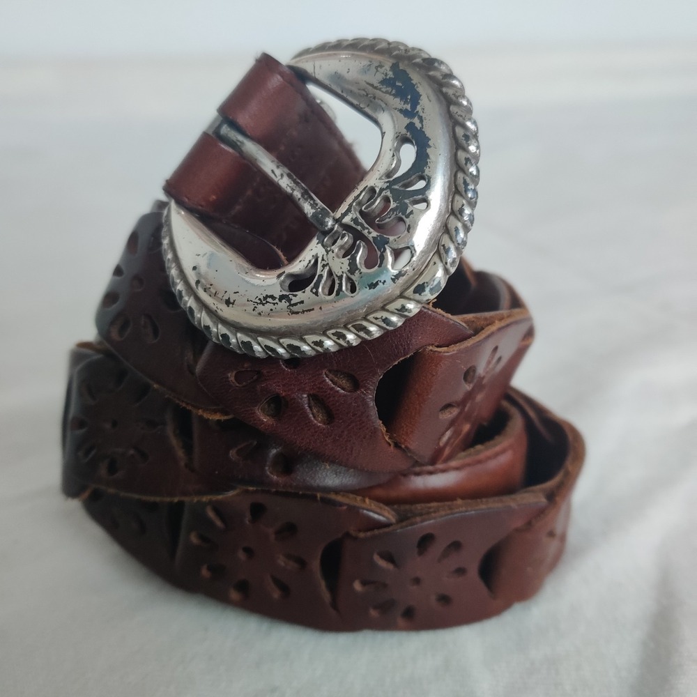 Fossil‎ Brown Genuine Leather Belt Women's XL 34-36 Western Woven Flower Pattern